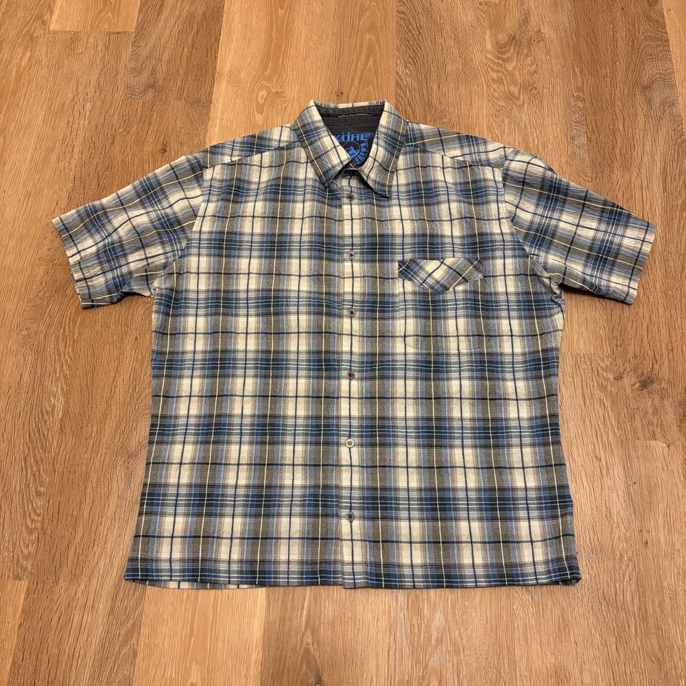 Kuhl Plaid Seersucker Short Sleeve Button Up XL Blue White Outdoor Camping Cabin